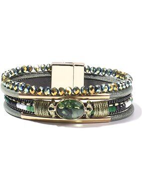 Leather Wrap Bracelets Crystal Beads Bracelet Boho Cuff Stone Charm Bracelets